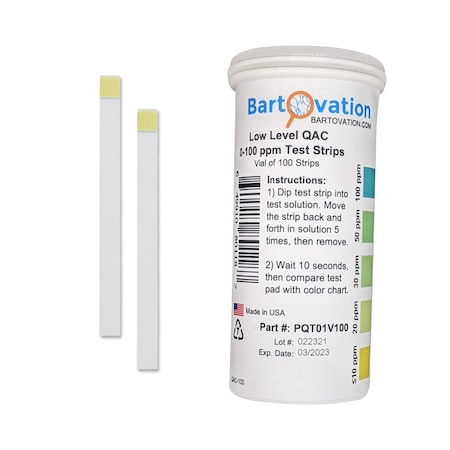 Bartovation Low Level Residual Quaternary Ammonium (QAC, Multi Quat) Test Strips, 0-100 ppm ( Vial of 100 Strips) PQT01V100