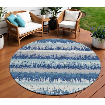 Homeroots 8' Blue Gray And Ivory Round Striped Washable Indoor Outdoor Area Rug 598330