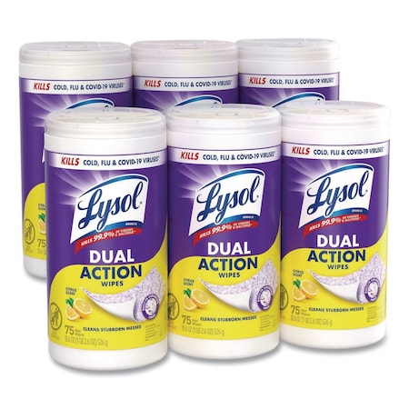 Lysol Dual Action Disinfecting Wipes, 1-Ply, 7 x 7.5, Citrus, White/Purple, 75/Canister, PK6 19200-81700