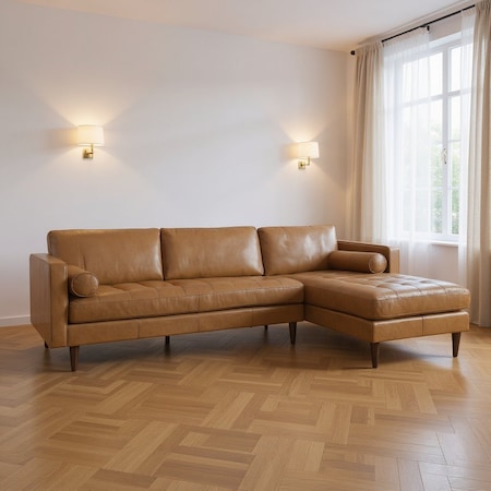 Homeroots Tan Genuine Leather L Shaped Sofa and Chaise Sectional With Toss Pillows 607316