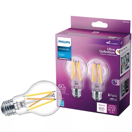 Signify Ultra Definition 60W Equivalent Daylight A19 Medium LED Light Bulb Clear, 2PK 573485