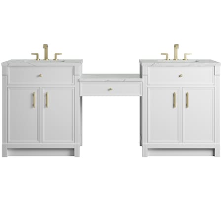 James Martin Vanities Bellshire 84" Dual Vanity Set w/24" Make-Up Counter, Bright White w/3 cm Ethereal Noctis Silestone T 660-VMC84-BW-3ENC