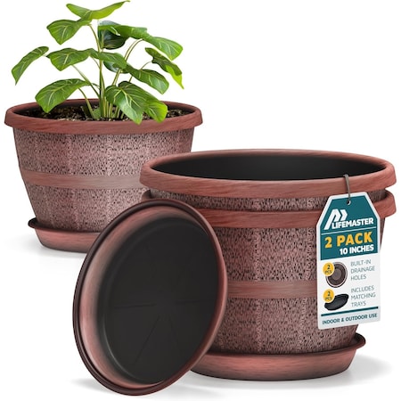 Lifemaster 10-Inch Whiskey Barrel Planters, Rustic Plastic Pots with Drainage Holes and Saucers, 2PK LMPBP2COP2