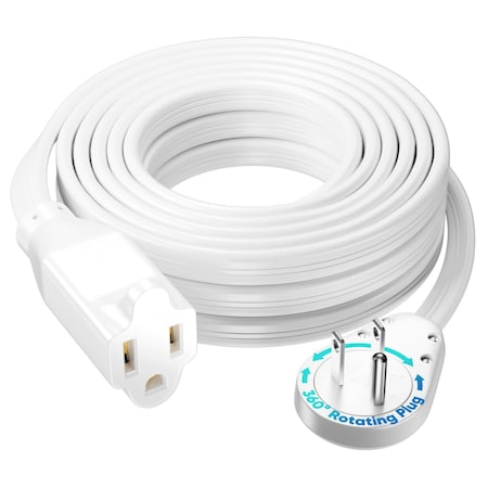Maximm 20ft 14AWG 360 degrees Flat Plug Heavy Duty Extension Cord, Low Profile UL, White ADW-S360-31F20-14W0