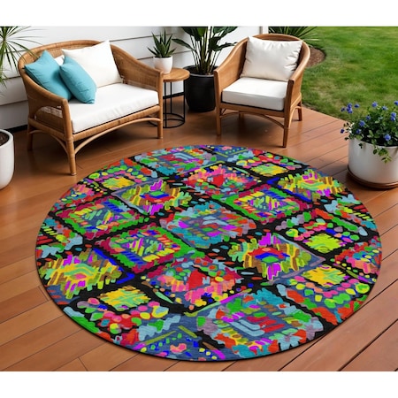 Homeroots 8' Black Yellow And Green Round Geometric Washable Indoor Outdoor Area Rug 609126