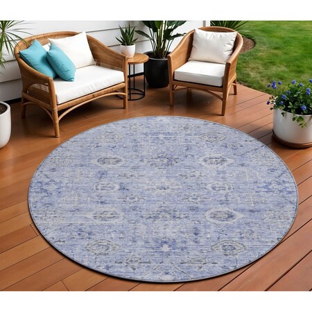 Homeroots 8' Blue And Gray Round Damask Washable Indoor Outdoor Area Rug 604188