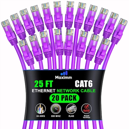 Maximm Cat6 Ethernet Cable 25ft 10Gbps 550MHz UTP, 20PK, Purple, 20PK CAT6CCA-25PU-20PK