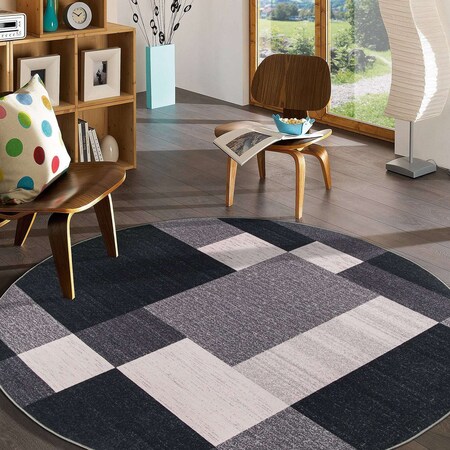 World Rug Gallery Contemporary Modern Geometric Boxes Design Non-Slip Area Rug 8 ft Round Gray 506GRAY8RND