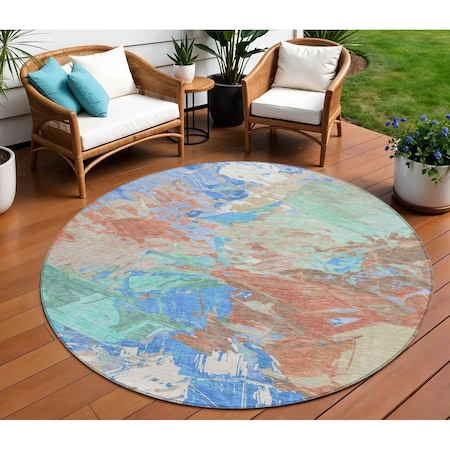 Homeroots 8' Coral Teal Blue And Mint Green Round Abstract Washable Indoor Outdoor Area Rug 618540