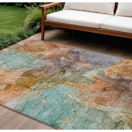 Homeroots 10' X 14' Copper Orange And Teal Blue Abstract Washable Indoor Outdoor Area Rug 581766
