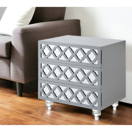 Homeroots 24" Light Gray And Mirrored Glass Wood Cutwork End Table With Three Drawers 544097
