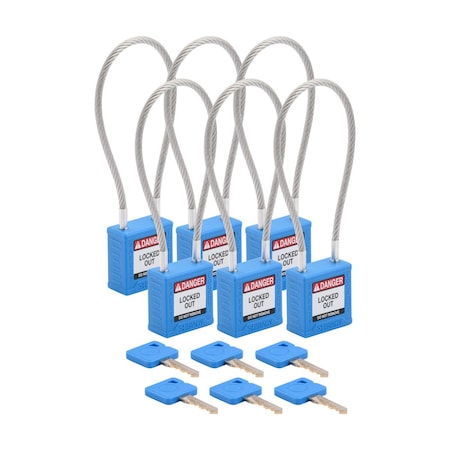 Brady Velocity 8in Compact Cable Lockout Padlocks Nylon 4in Shackle Clearance KA BL 6PK CPPL-BLU-200CB-KA6