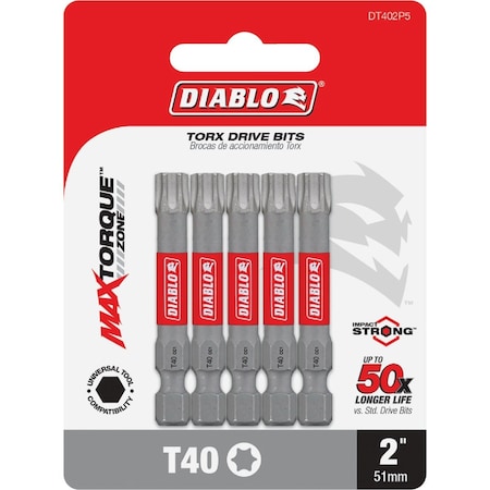 Diablo T40 TORX 2'' Power Impact Screwdriver Bit, 5PK DT402P5