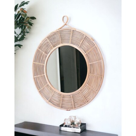 Homeroots 37" Natural Round Framed Accent Mirror 524076