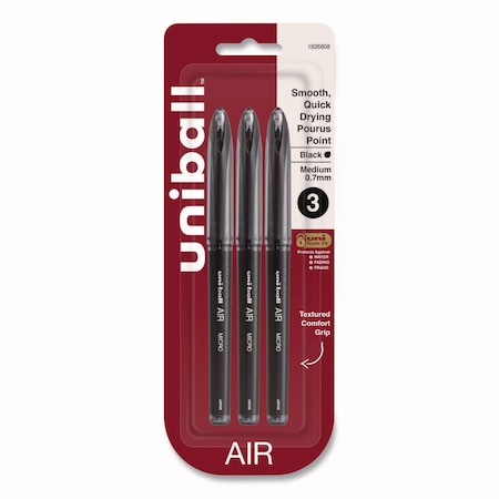 Uniball AIR Porous Gel Pen, Stick, Medium 0.7 mm, Black Ink, Black Barrel, 3PK 1926808