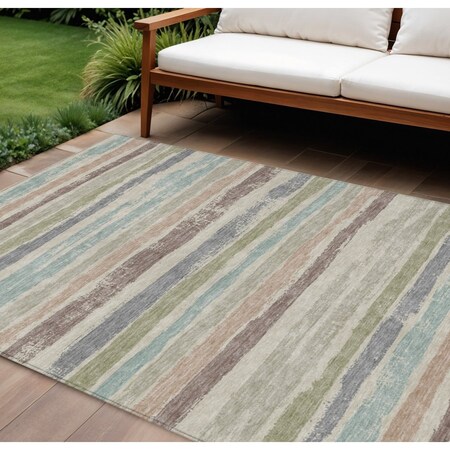 Homeroots 9' X 12' Beige Brown And Gray Striped Washable Indoor Outdoor Area Rug 598870