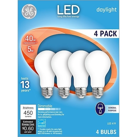 Ge LED Bulb, General Purpose, A19 Lamp, 40 W Equivalent, E26 Lamp Base, Dimmable, White, PK4 93098312