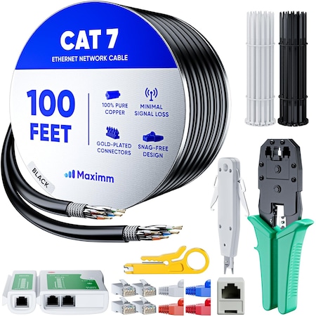 Maximm 100ft Cat7 Ethernet Cable Kit with Crimp Tool & RJ45 Connectors, Black C7KT-100FT