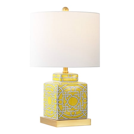Jonathan Y Catherine 22" Modern Transitional Ceramic/Metal Square Ginger Jar LED Table Lamp, Yellow/White JYL3044C