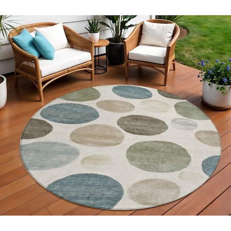 Homeroots 8' Ivory Fern Green And Teal Blue Round Geometric Washable Indoor Outdoor Area Rug 630575
