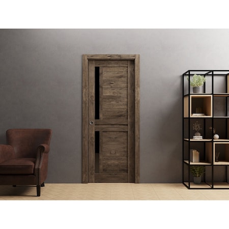 Sartodoors Slab Barn Door Panel 18 x 80in, Veregio 7588 Cognac Oak W/ Black Glass, Pocket Closet Sliding VEREGIO7588S-AKA-18