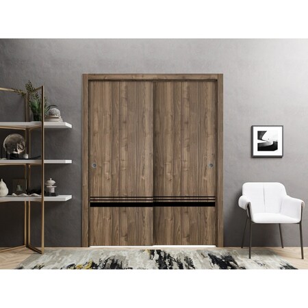 Sartodoors Sliding Closet Bypass Doors, Planum 0012 Walnut and Aluminum Strips, Sturdy Rails Moldings Trims Ha PLANUM0012DBD-WLN-84