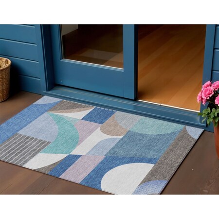 Homeroots 3' X 5' Sky Blue Teal Blue And Brown Geometric Washable Indoor Outdoor Area Rug 616742