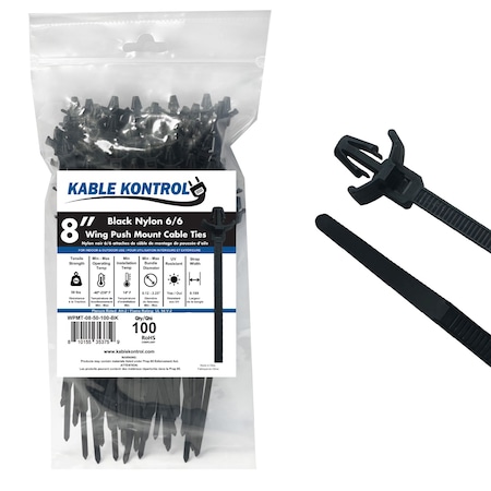 Kable Kontrol Winged Push Mount Cable Zip Ties, 8 in L, 2.25 in Max Bundle Dia., Black, Nylon 6-6, 100 PK wpmt-08-50-100-bk