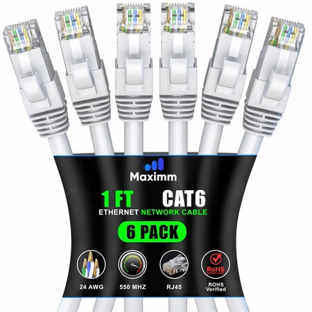 Maximm Cat6 Ethernet Cable 1ft 10Gbps 550MHz UTP, 6PK, White, 6PK WH6PK02