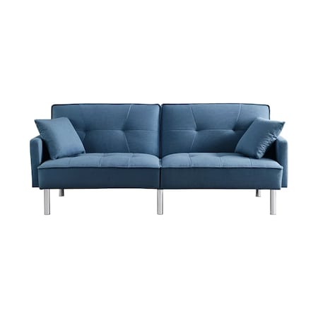 Homeroots 85" Blue Polyester Blend Convertible Futon Sleeper Sofa And Toss Pillows With Silver Legs 544953