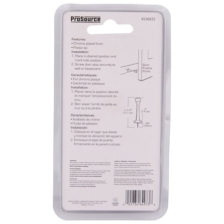 Prosource Heavy-Duty Rigid Door Stop, 1 in Dia Base, 3 in Projection, Die-Cast Zinc & Plastic, Chrome CL-208C-CH-PS