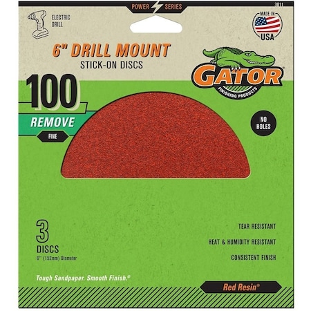 Gator Sanding Disc, 6 in Dia, 100 Grit, Medium, Aluminum Oxide Abrasive, Paper Backing 3011