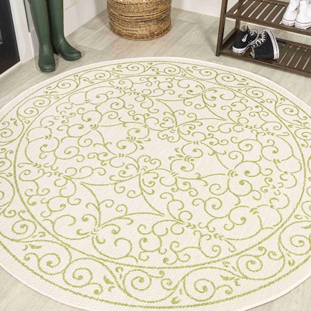 Jonathan Y Charleston Vintage Filigree Textured Weave Cream/Green 5 ft Round Indoor/Outdoor Area Rug SMB106I-5R