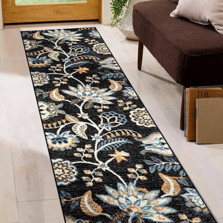 World Rug Gallery Floral Medallion Runner Rug 2 ft 3 in x 8 ft Black WR143BLACK2X8