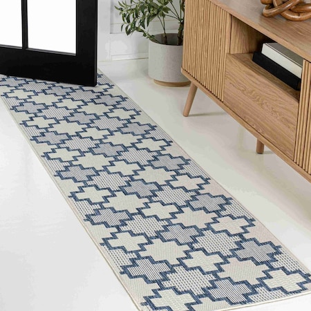 Jonathan Y Cyrus Modern Geometric Tile Pattern Navy/Cream 2 ft. x 8 ft. Indoor/Outdoor Runner Rug TSN200B-28