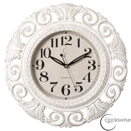 Clockswise 16in Classic Hanging Wall Clock with Ornate Leaf Scroll Frame in Vintage Distressed Finish, White QI004931