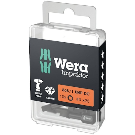 Wera 868/1 IMP DC DIY Impaktor square head socket bits, # 3 x 25 mm, 10 pieces 5057632001