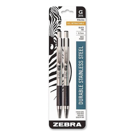 Zebra Pen G-301 Gel Pen, Retractable, Medium 0.7 mm, Black Ink, Stainless Steel/Black Barrel, 2PK 41312
