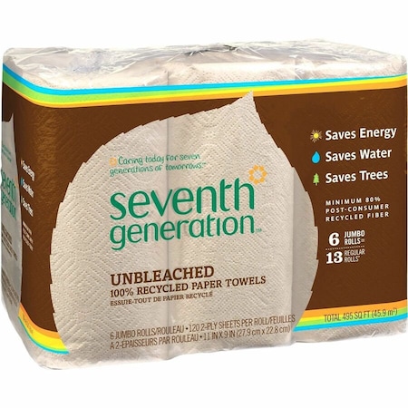 Seventh Generation 2-Ply Unbleached Paper Towels, 120 Sheets/Roll, 4 Packs x 6 Rolls, 24 Rolls Total 13737