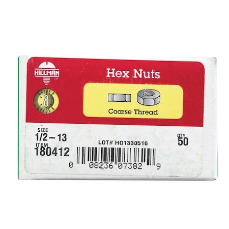 Hillman 1/2 in. Zinc Dichromate Steel USS Hex Nut, 50PK 180412