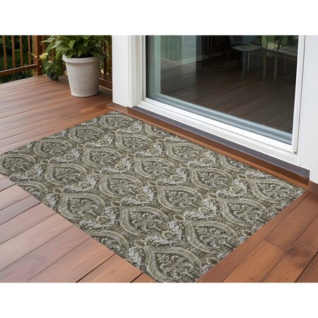 Homeroots 2' X 3' Taupe and Beige Damask Washable Non Skid Indoor Outdoor Area Rug 563889