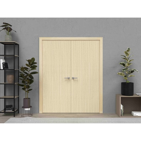 Sartodoors Solid French Double Doors, Planum 0010 Vertical Natural Veneer, Wood Solid Panel Frame Trims, Close PLANUM0010DD-VSH-6496