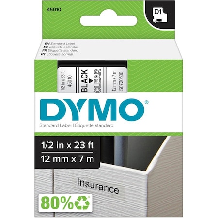 Dymo Adhesive Label Tape Cartridge 1/2" x 23 ft., Black/Clear 45010