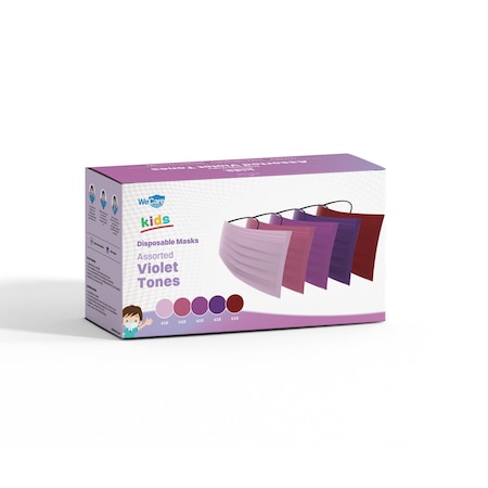Wecare Kids Disposable Face Mask, 3, Assorted Violet Tones Print, Kids, 50 PK WMN100138