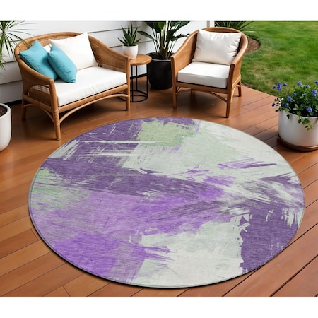 Homeroots 8' Purple Mint Green And Ivory Round Abstract Washable Indoor Outdoor Area Rug 618486