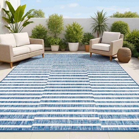 Jonathan Y Sukie Modern Offset Stripe Blue/Ivory 8 ft. x 10 ft. Indoor/Outdoor Area Rug SMB133D-8