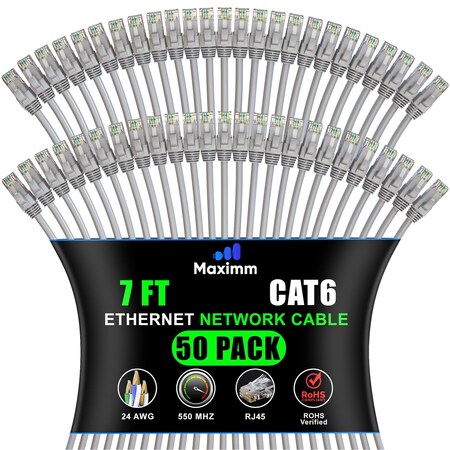 Maximm Cat6 Ethernet Cable 7ft 10Gbps 550MHz UTP, 50PK, Gray, 50PK CAT6CCA-7GR-50PK