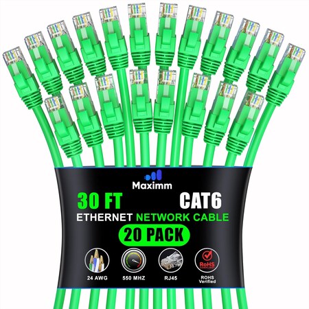 Maximm Cat6 Ethernet Cable 30ft 10Gbps 550MHz UTP, 20PK, Green, 20PK CAT6CCA-30GN20PK