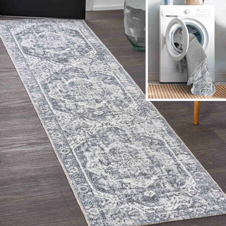 Jonathan Y Keesha Bold Distressed Medallion Low-Pile Machine-Washable Cream/Blue 2 ft. x 8 ft. Runner Rug WSH316B-28