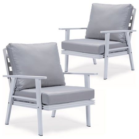 Leisuremod Walbrooke Outdoor Patio White Aluminum Armchairs With Cushions, Light Grey, 2PK WW-31-27LGR2